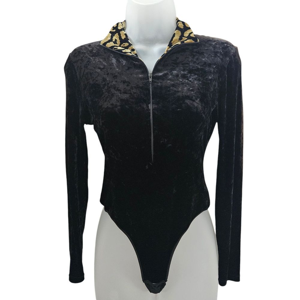 Cosabella Bodysuit M Black Velvet 1/2 Zip Leopard Collared Made Italy Whimsigoth